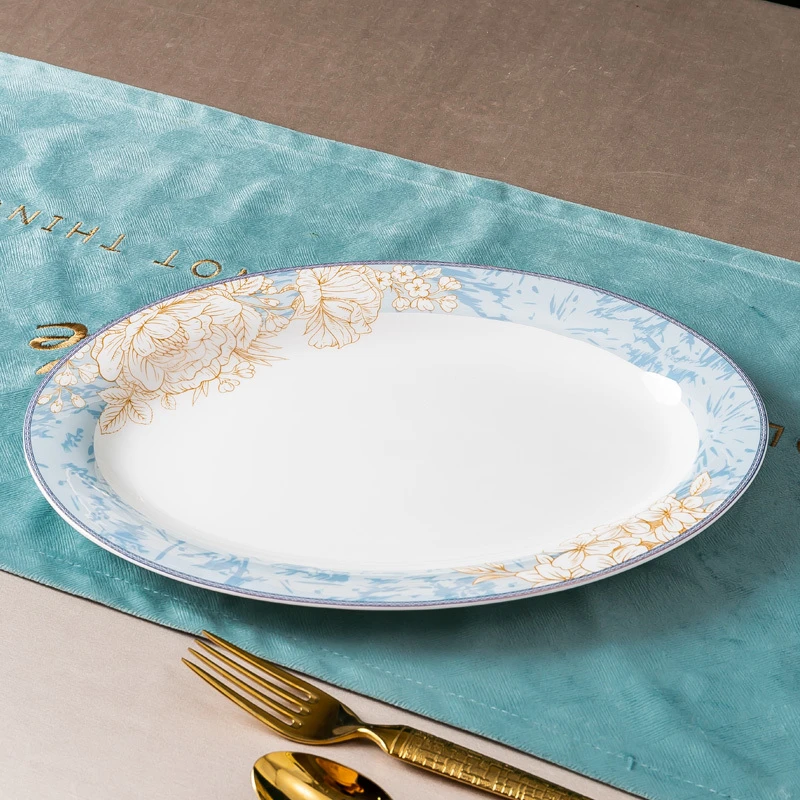 晗夏牡丹家用景德镇陶瓷盘子新款大号12英寸椭圆大鱼盘子骨瓷餐具