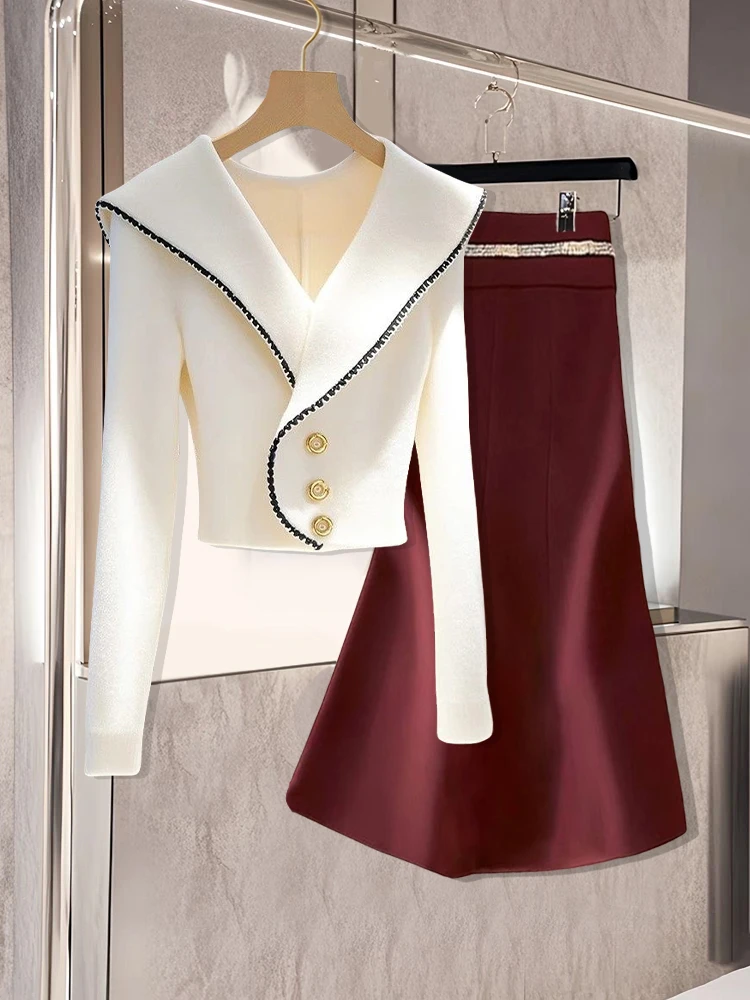 高级感小香风白色翻领针织开衫套装女独特短款毛衣外套气质半身裙