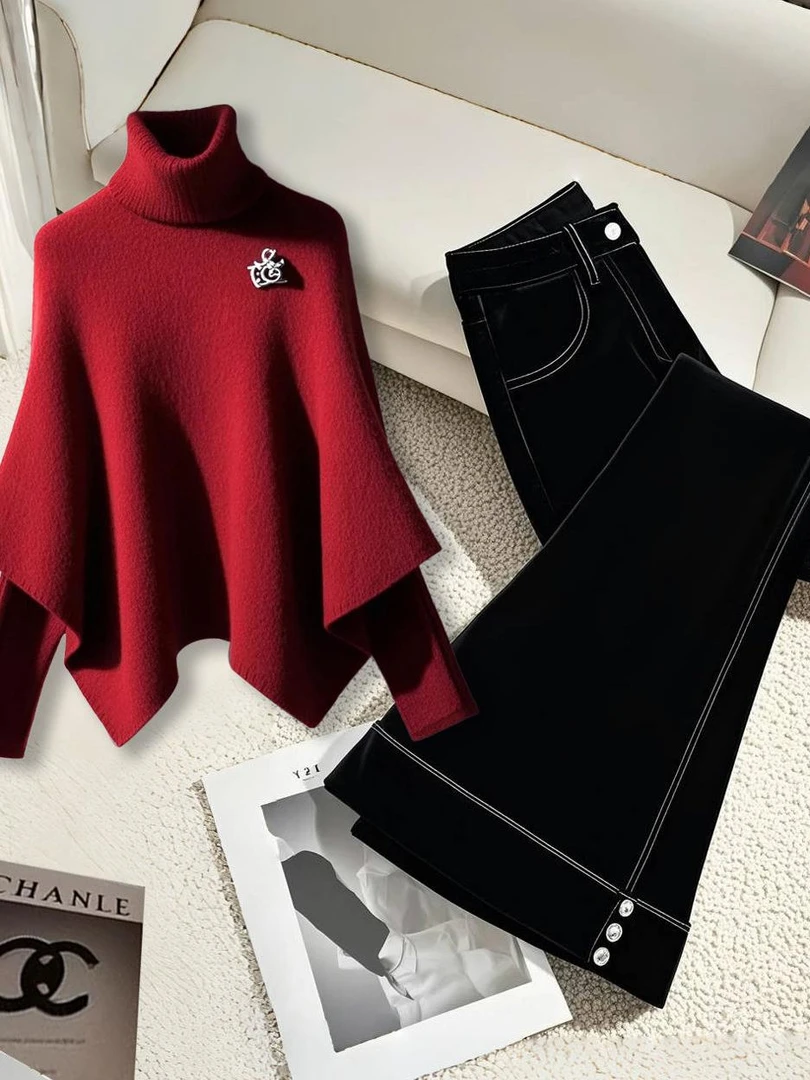 设计感气质红色斗篷针织衫女装2024秋冬新款高级微喇长裤时尚套装