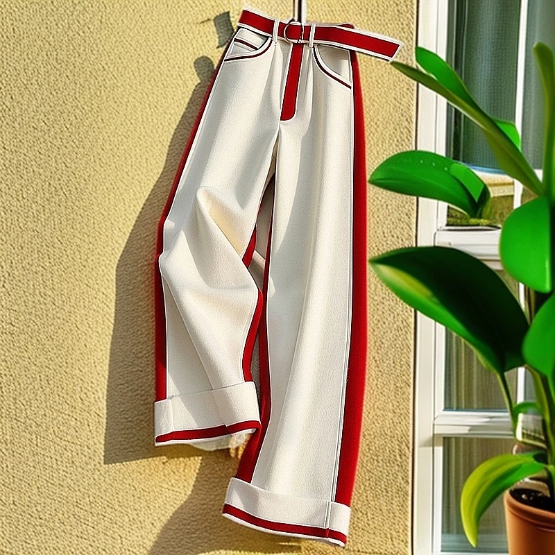 2024冬季新款小个子独特别致高级感高腰显瘦白色撞色拼接阔腿裤女