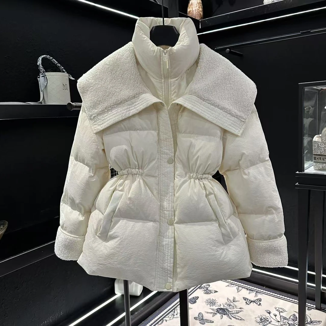 2024年冬季新款复古拼接小羔毛大翻领假两件棉服女气质收腰外套潮