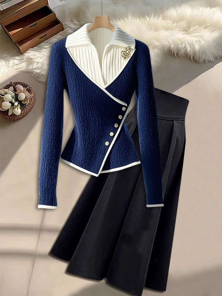 2025冬季奶fufu慵懒内搭紫色假两件毛衣搭配黑色半身裙气质两件套