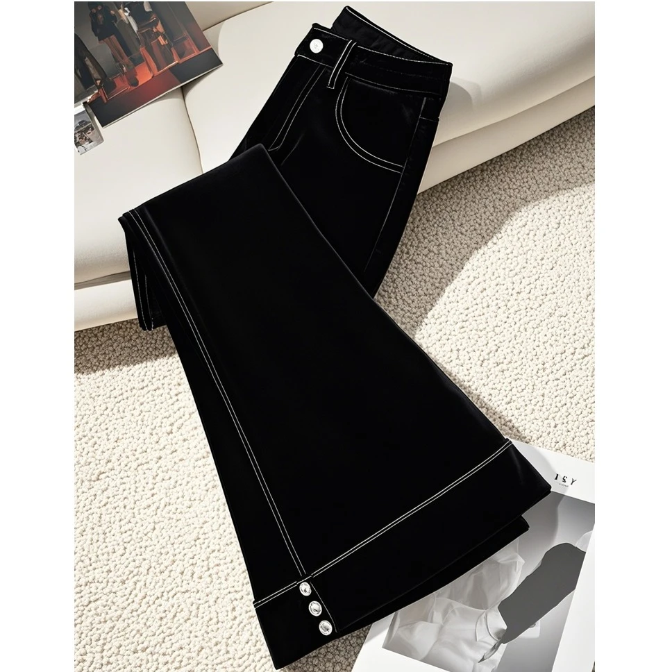 黑色微喇裤子女2024新款秋冬季高级感小众气质时尚百搭直筒休闲裤