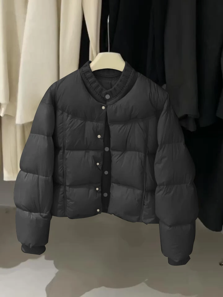 韩系针织拼接单排扣休闲棉服女2024年冬季新品加厚保暖糯叽叽外套