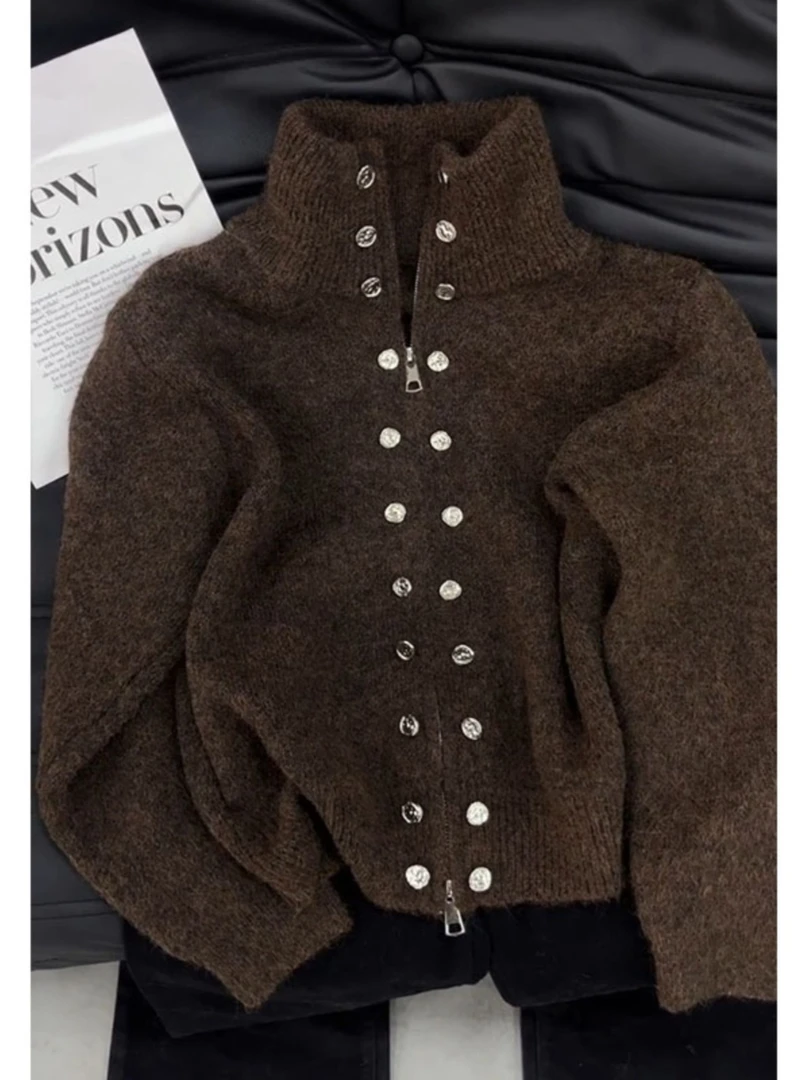 咖色加厚立领毛衣女2025年冬季新款超好看小众设计感宽松保暖外套