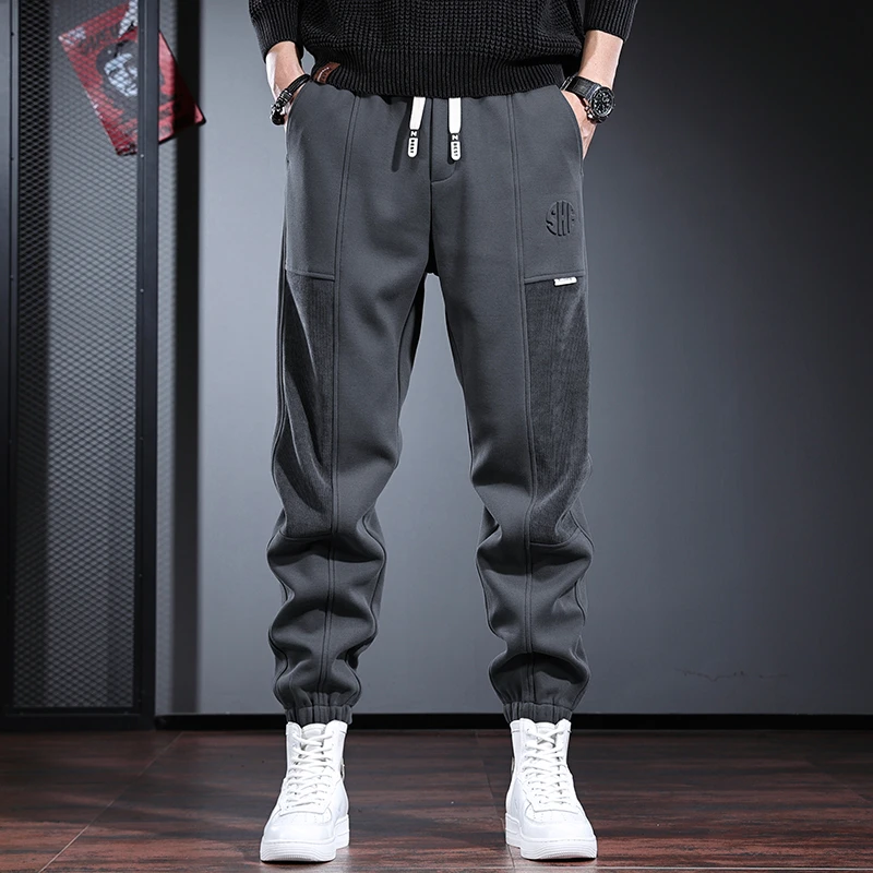 GTRT拼接束脚卫裤男潮牌宽松抽绳休闲裤秋季新款烟灰色散步跑步