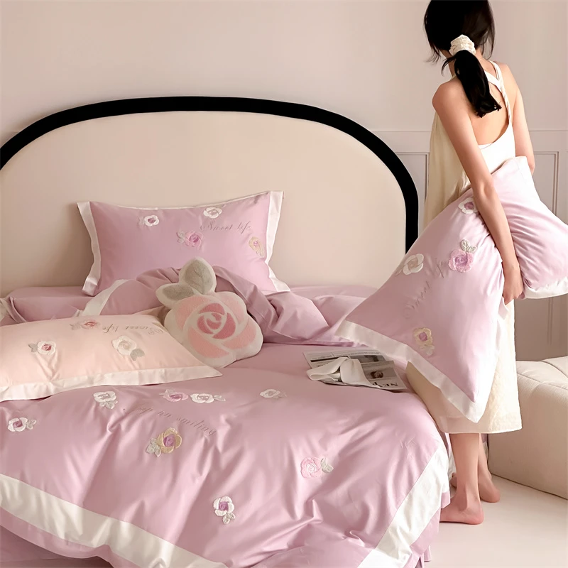 【刘掌柜】小清新可爱全棉澳棉四件套100S花朵毛巾绣床上用品