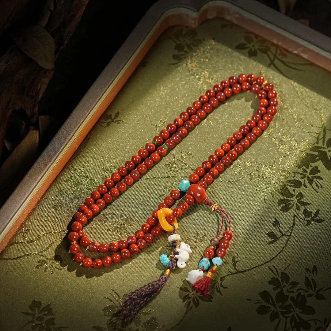 【左边婷姐】南红火焰纹原创设计中国风多圈手串手持项链（C908）