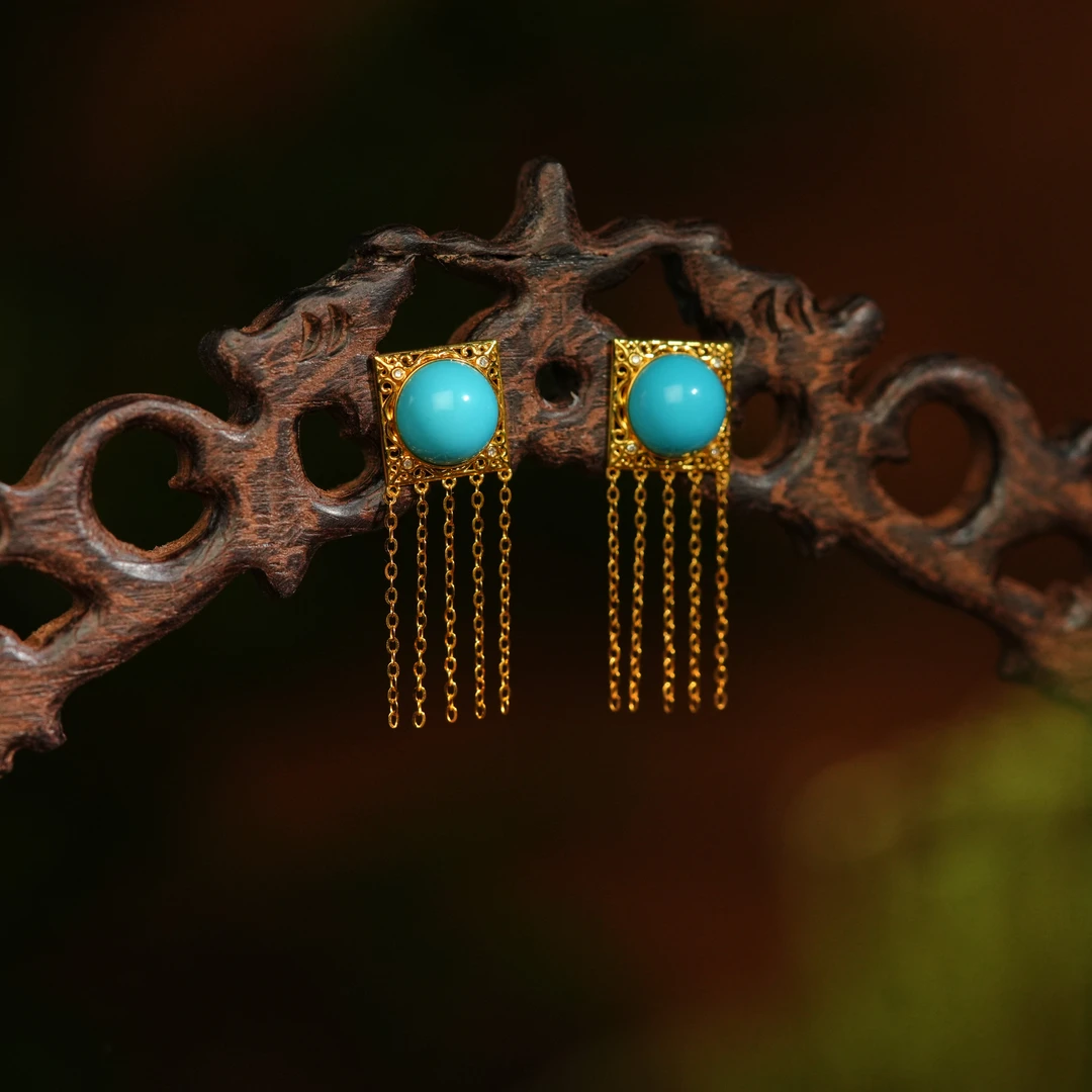 【左边婷姐】天然原矿绿松石18K金镶嵌高级感流苏耳钉z2198