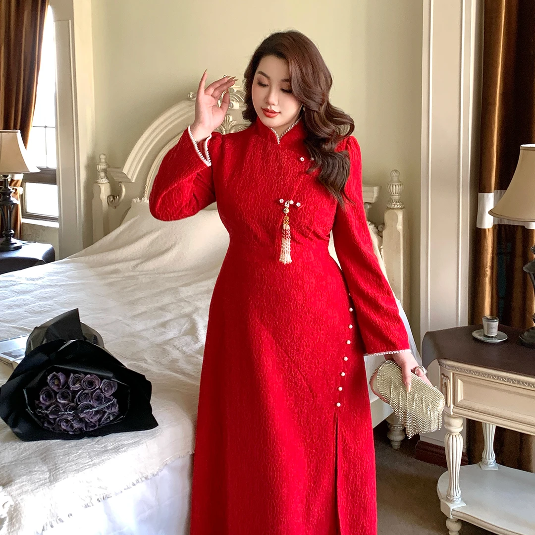 GLEC大码女装2025秋冬高端新中式重工钉珠复古优雅流苏旗袍连衣裙