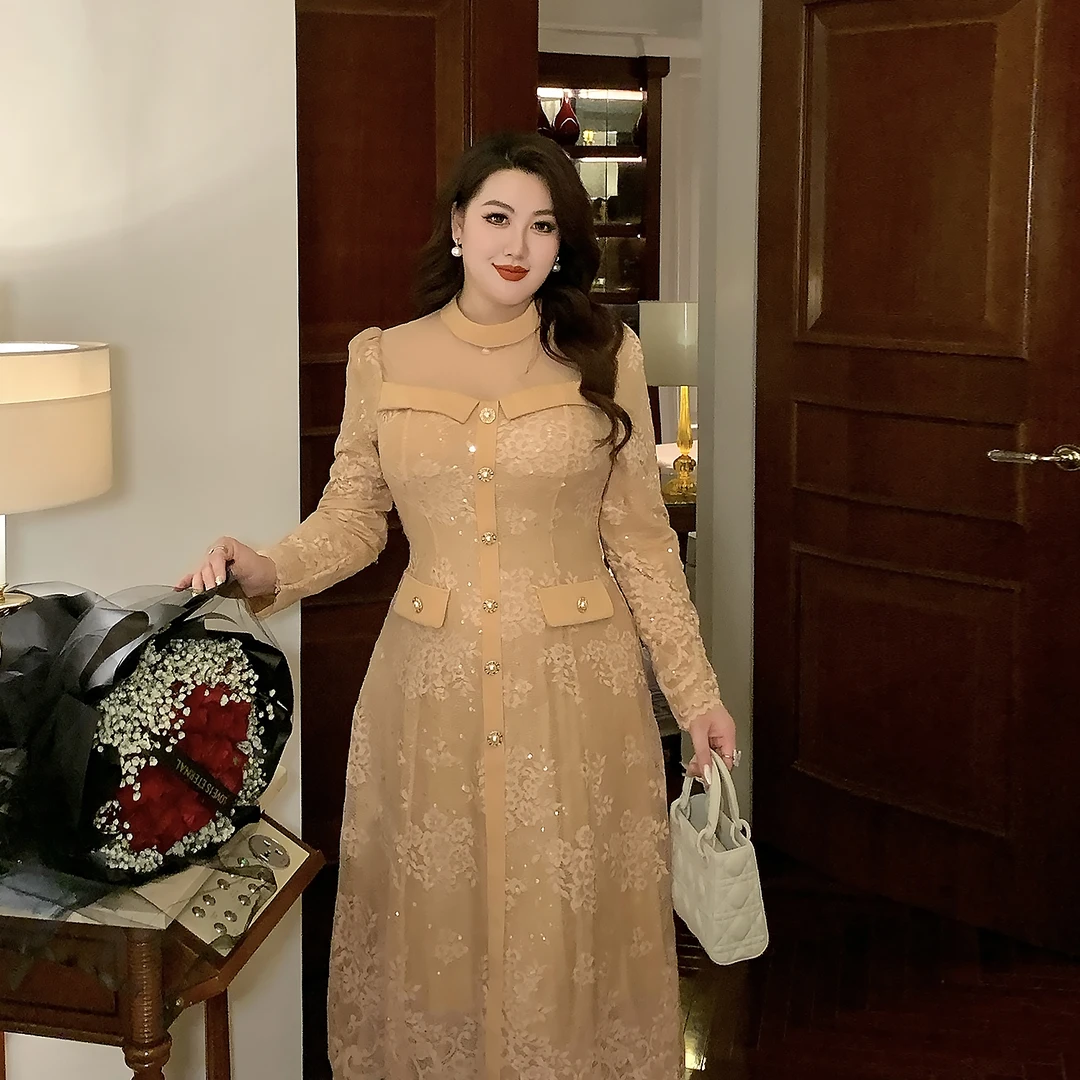 GLEC大码女装现货2025年春季新款卡色设计感连衣裙气质遮肉显瘦