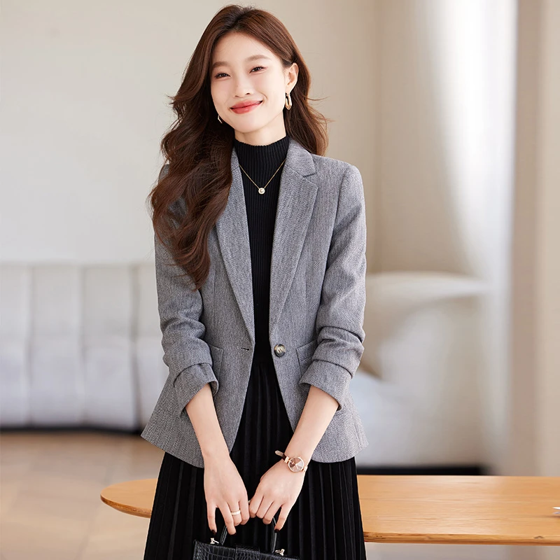 秋冬新款呢子西服外套气质时尚休闲灰色修身长袖通勤秋季西服外套