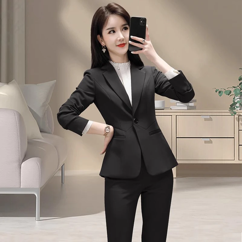 黑色秋冬时尚修身西装套装女春秋新款气质长袖西服商务职业工作服