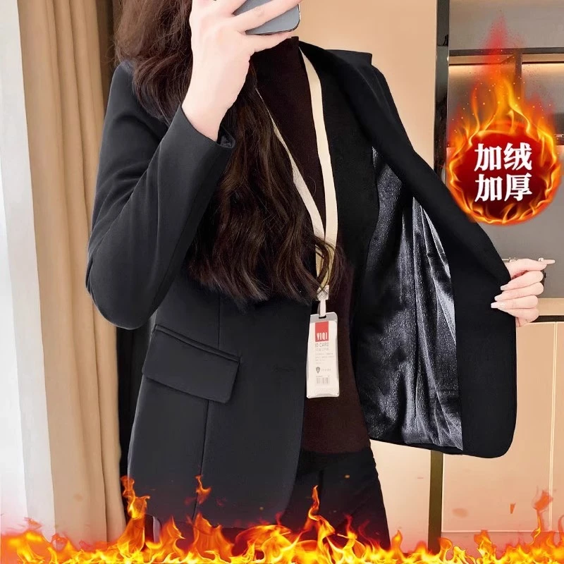 加绒西装外套女冬季小个子职业套装大学生西服正装工装加厚工作服