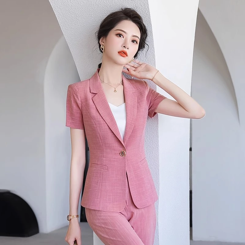 绿色短款小西服女夏季时尚气质女神范西装美容院高端修身职业西服