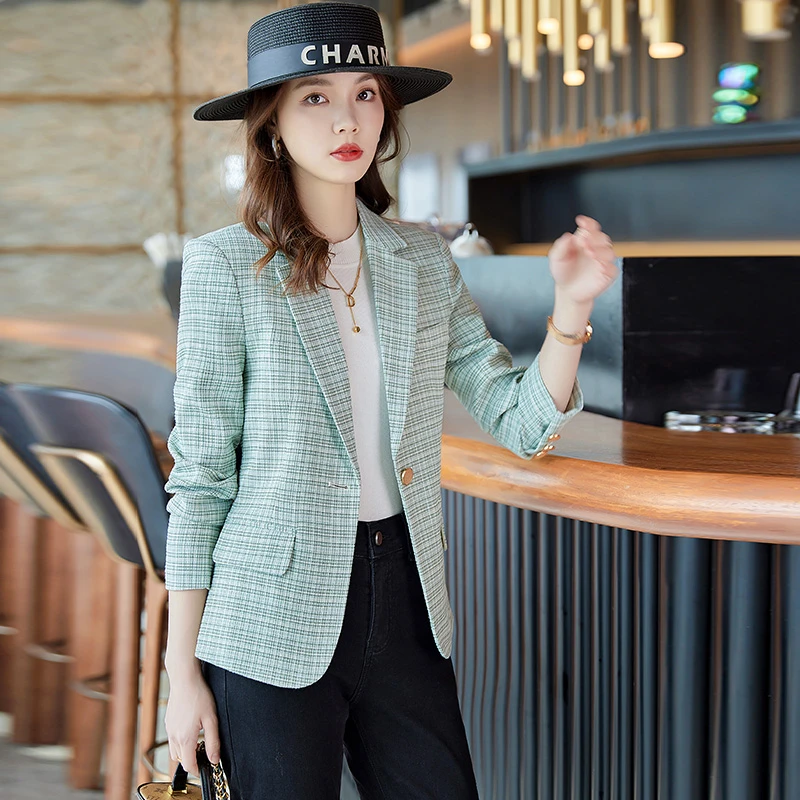 绿色小格子短款女小个子小西服外套气质时尚休闲修身秋季百搭西服
