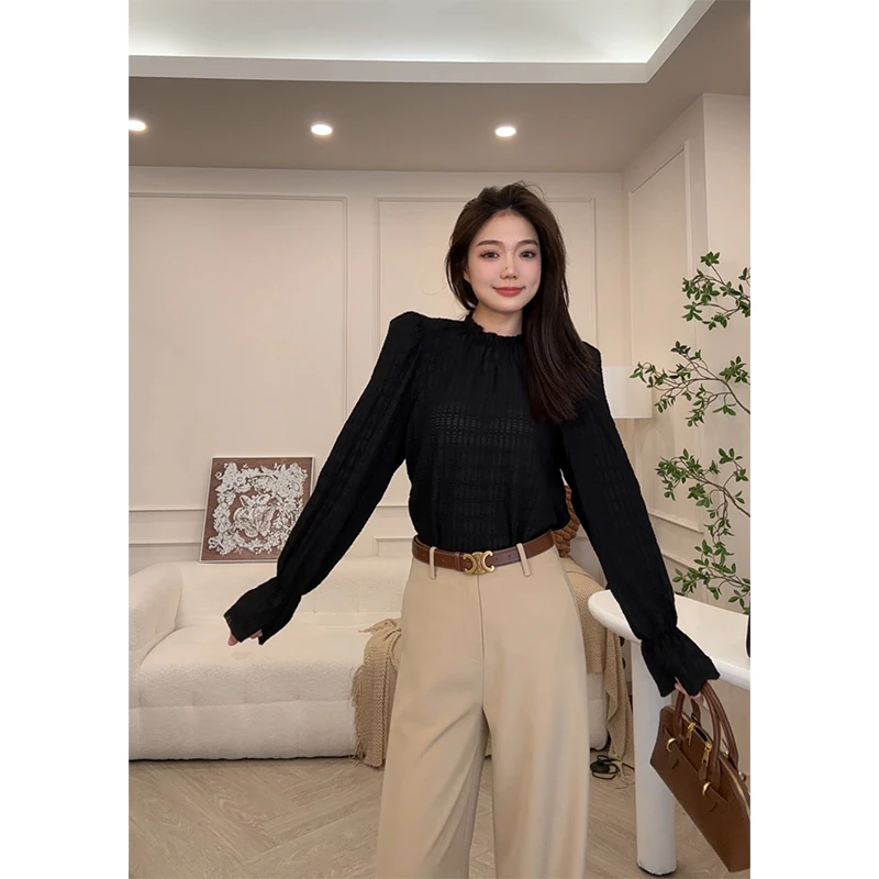 12.21大促 女主直角肩/高个子女装 宽松显瘦黑色长袖衬衫 Au101