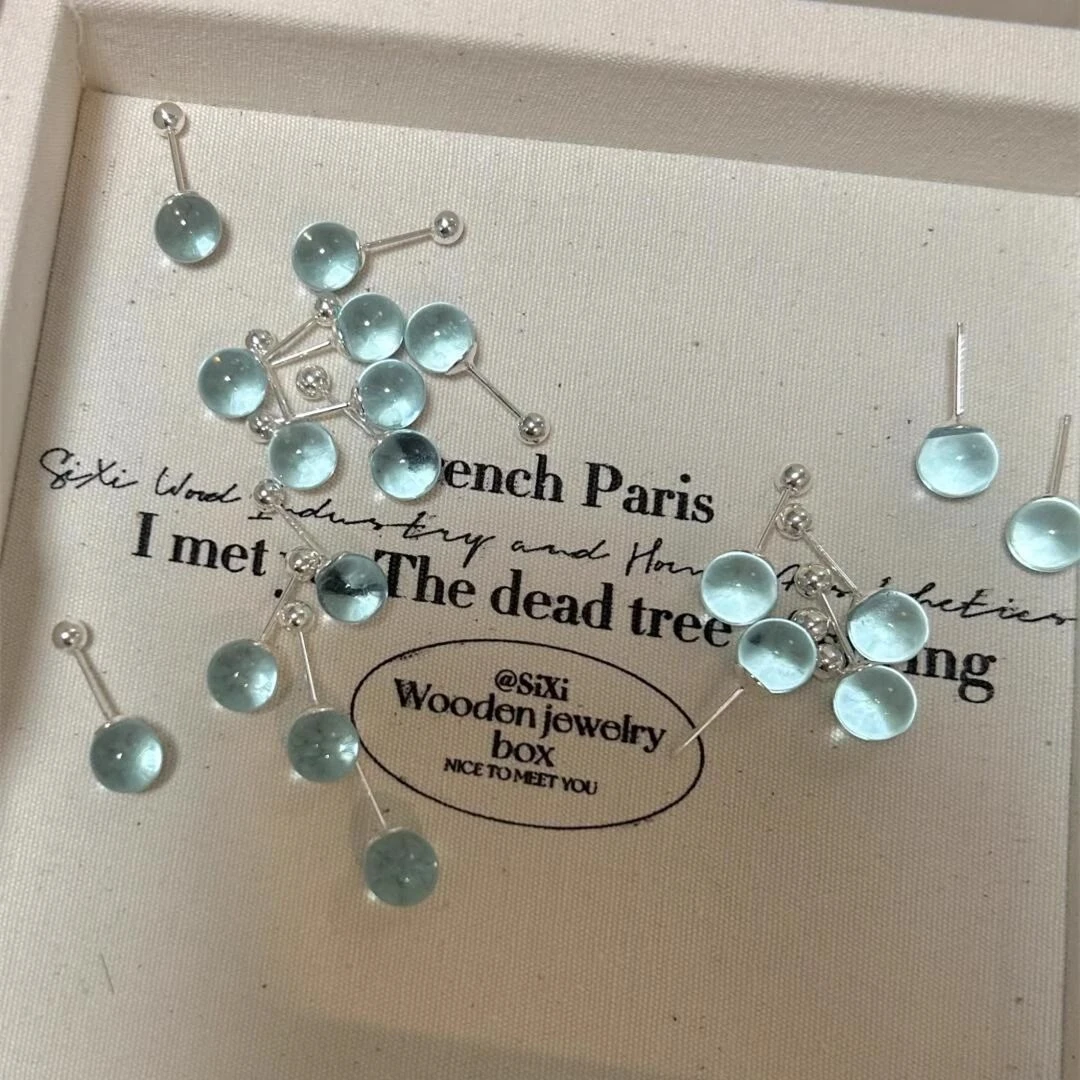 海蓝色圆珠耳钉小众防丢设计简约爆款清冷高级感耳环日常百搭耳饰