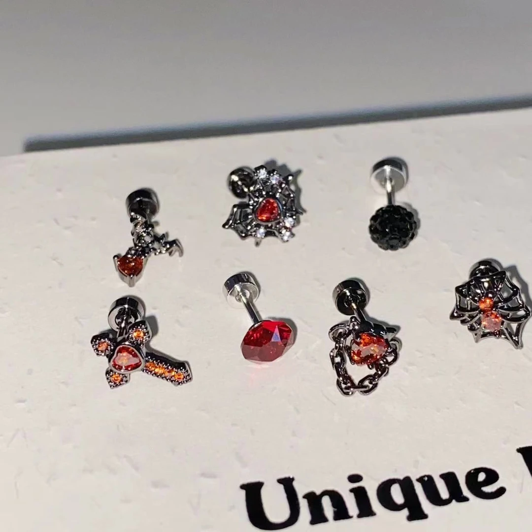 【记忆商店】绯红之夜 暗黑蜘蛛网红十字架爱心链条耳骨钉耳窝