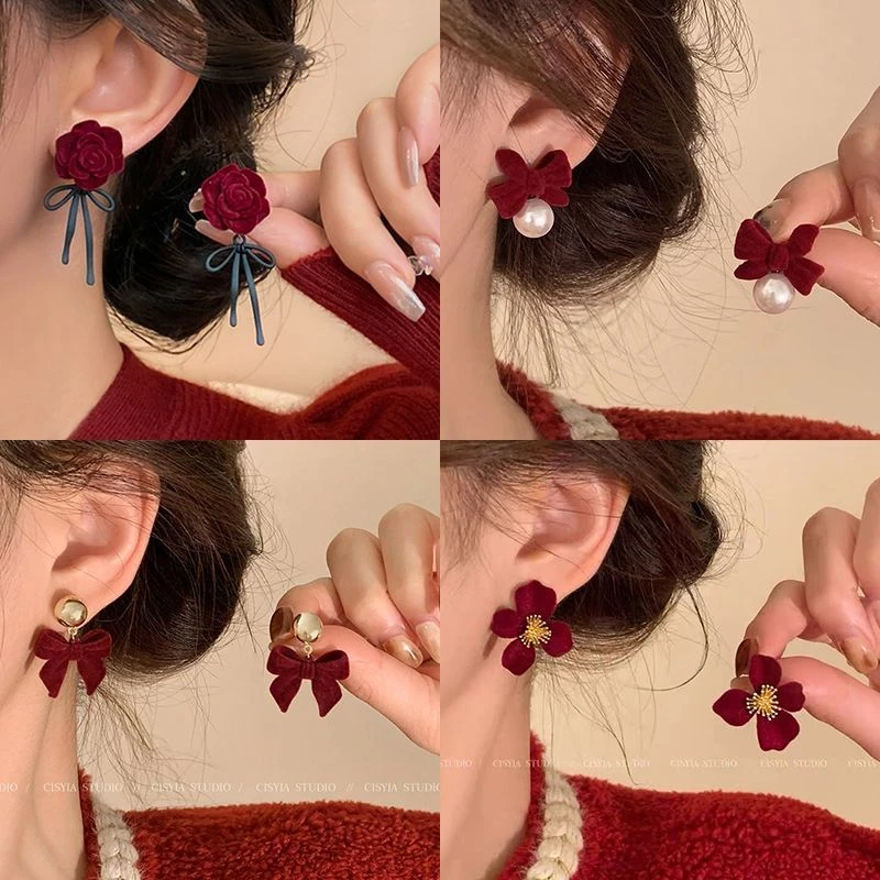 高级感红色玫瑰丝绒耳钉女复古酒红色气质耳环小众设计感秋冬耳饰