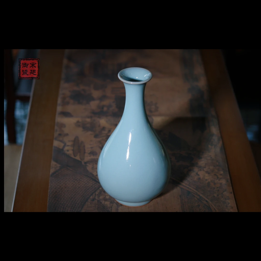 【宋廷御瓷·汝官窑】原矿天青釉大号玉壶春瓶/高度22cm 汝州原产