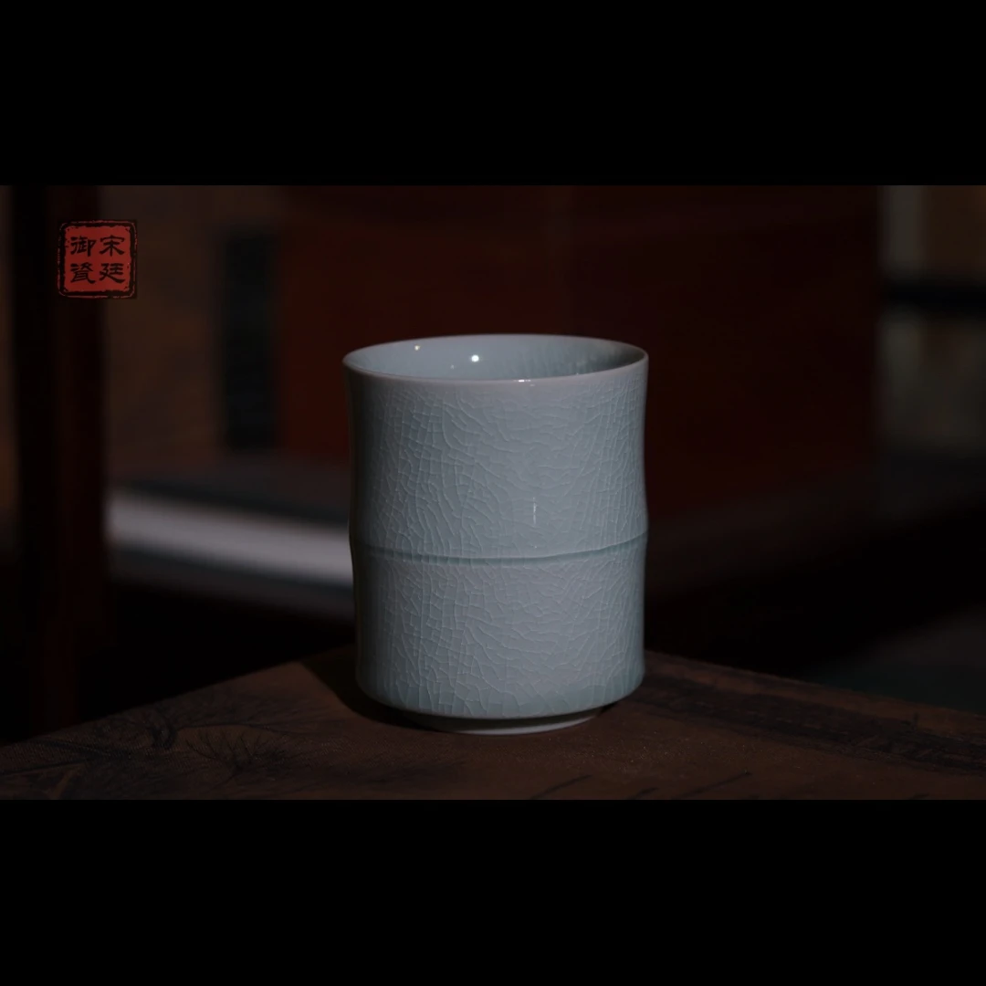 【宋廷御瓷·汝官窑】原矿青绿釉大号竹节杯
