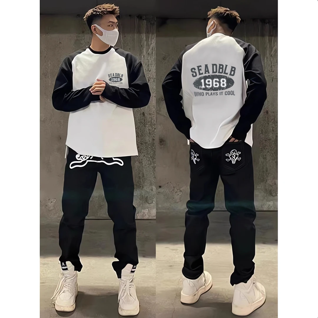 男女纯棉插肩长袖T恤秋冬潮牌美式休闲百搭时尚印花圆领运动上衣