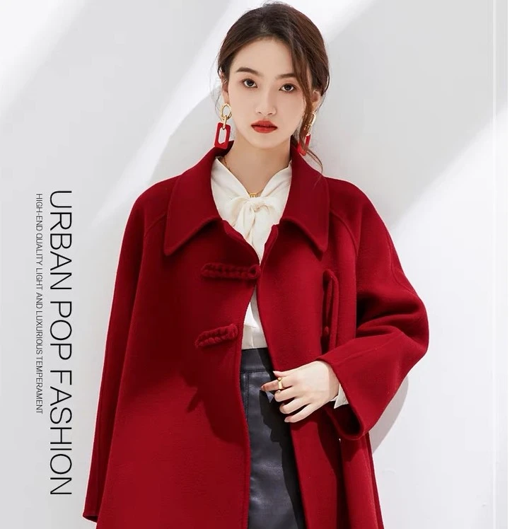 903#气质盘扣中国风娃娃领中长款双面羊毛大衣秋冬新款时尚
