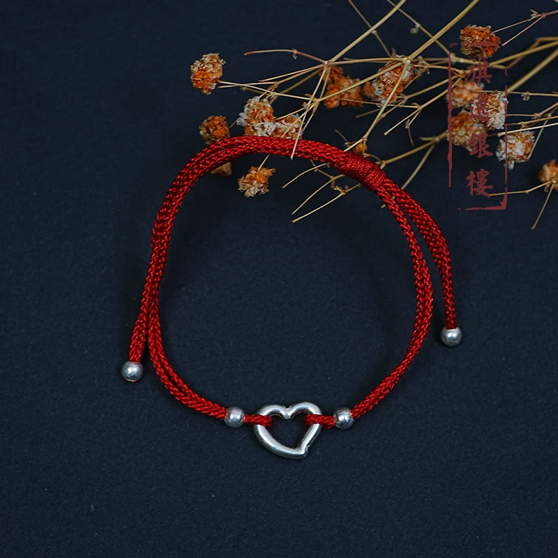 足银手链 足银心心相印手工红绳手链情侣红色可调节手链80658