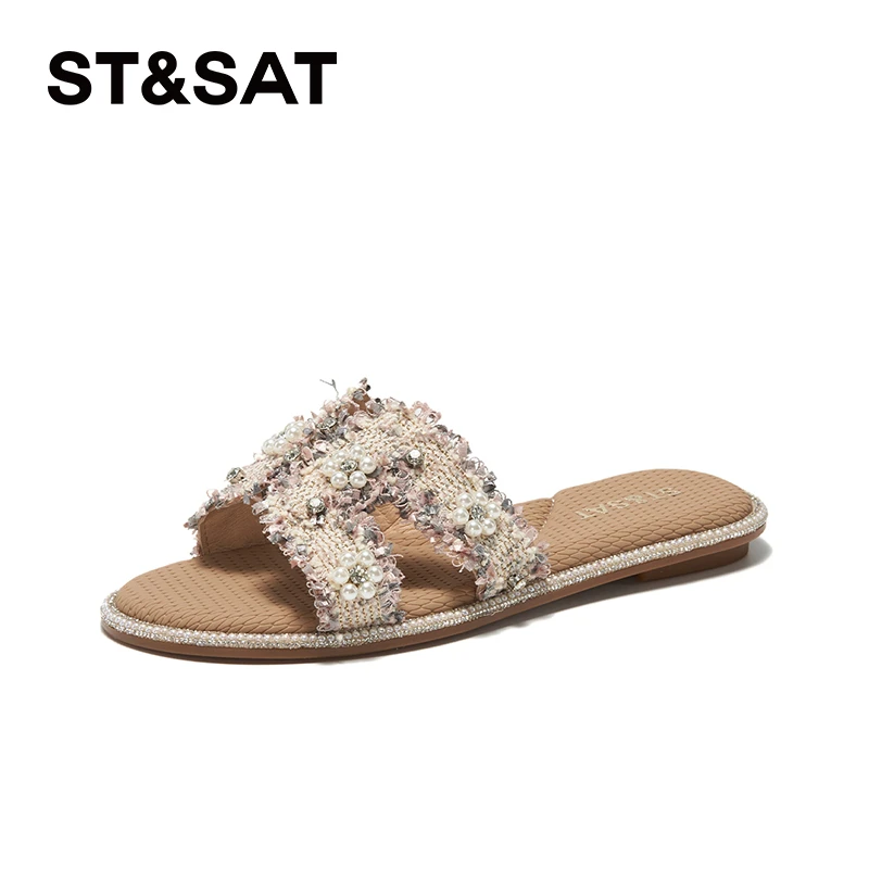 星期六2024新款毛边小香风钉珠一字拖鞋SSC2110307