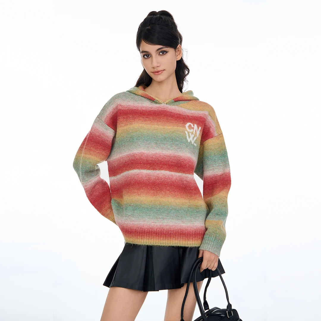 CANOTWAIT_陈伟霆经典LOGO连帽毛衣渐变秋冬时尚宽松长袖喜庆毛衣