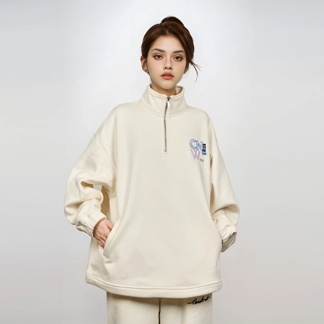 CANOTWAIT_陈伟霆经典LOGO抓绒半拉链卫衣秋冬加绒宽松套头卫衣