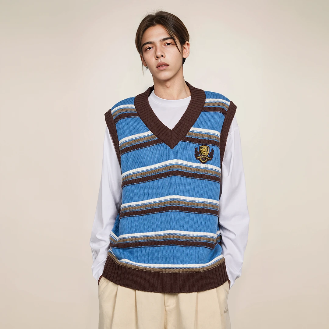 CANOTWAIT_陈伟霆复古休闲百搭春秋毛衣无袖条纹背心