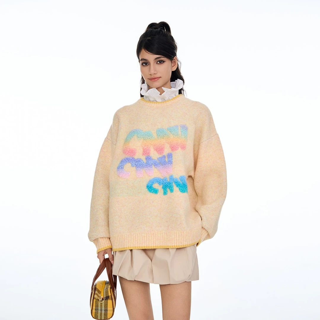 CANOTWAIT_陈伟霆渐变立体LOGO毛衣 秋冬时尚休闲慵懒风套头宽松