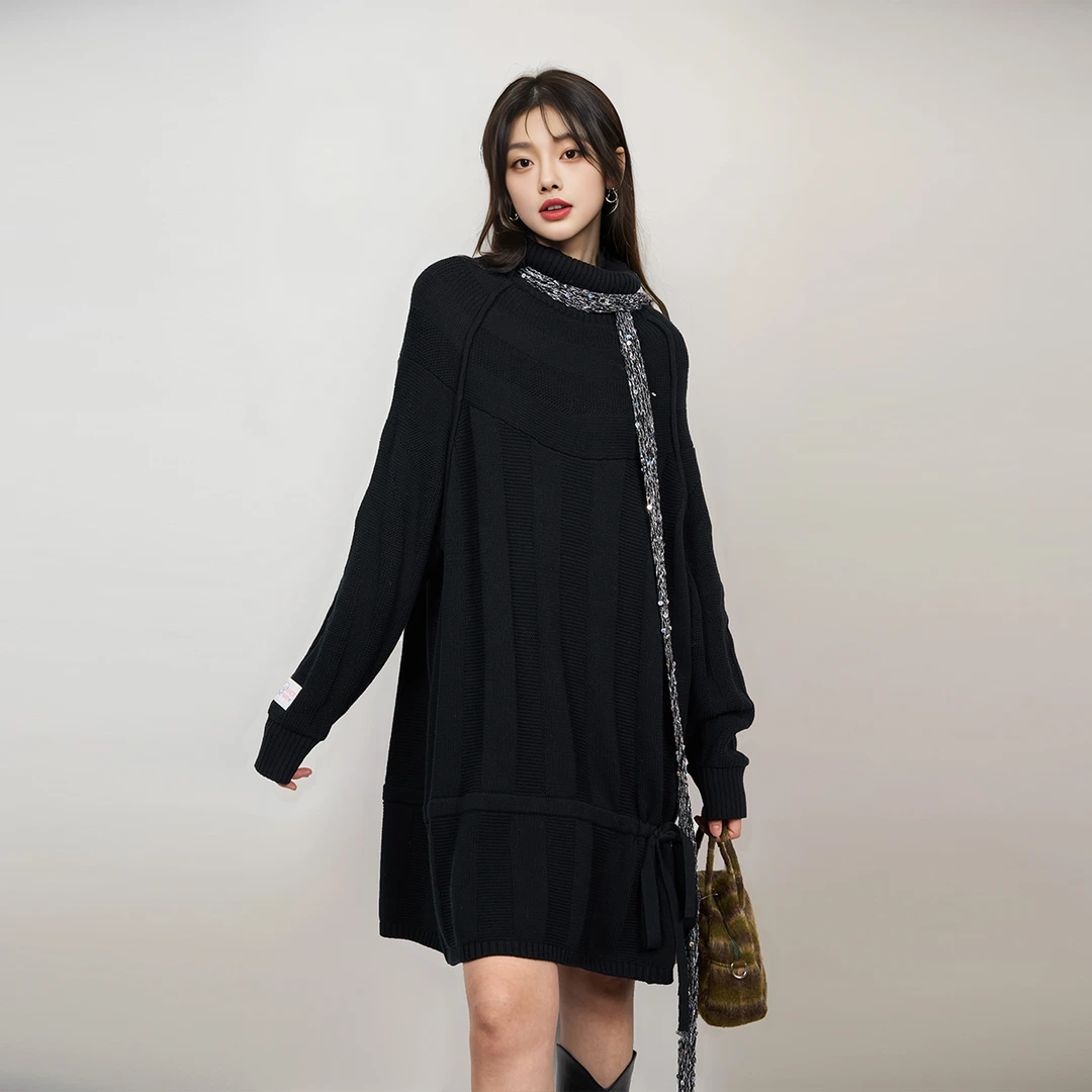CANOTWAIT_陈伟霆秋冬休闲宽松时尚针织抽绳中长款高领毛衣裙