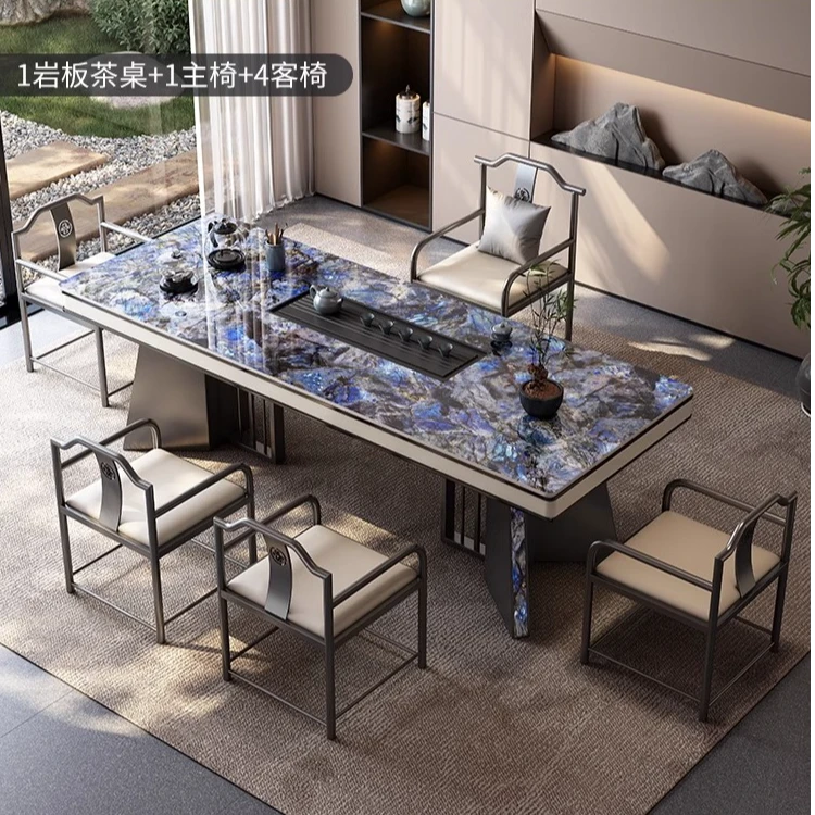 宝石蓝轻奢岩板茶桌椅组合办公室家用茶几烧水壶一体大板茶台椅