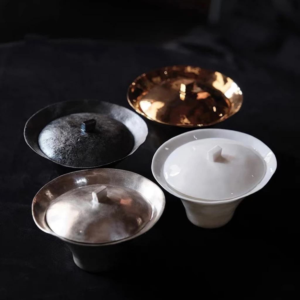 吴燕辉手作金釉盖碗银釉白瓷薄胎柴烧锖肌茶杯公道杯不烫手
