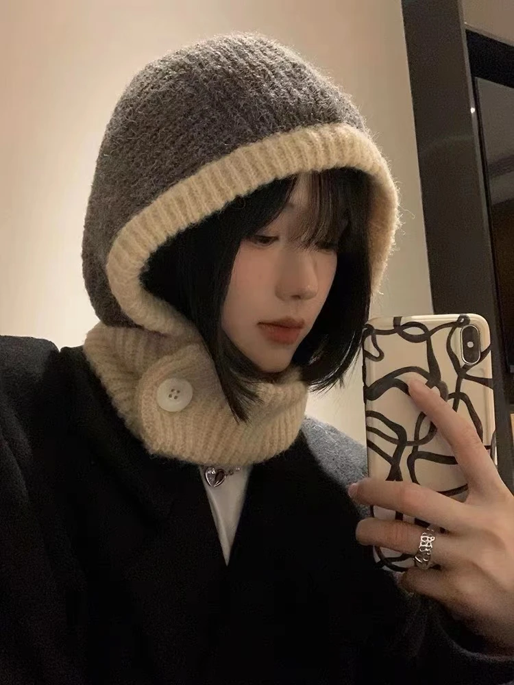 韩版拼色巴拉克拉法帽秋冬款时尚保暖大头围保暖帽围脖一体针织帽
