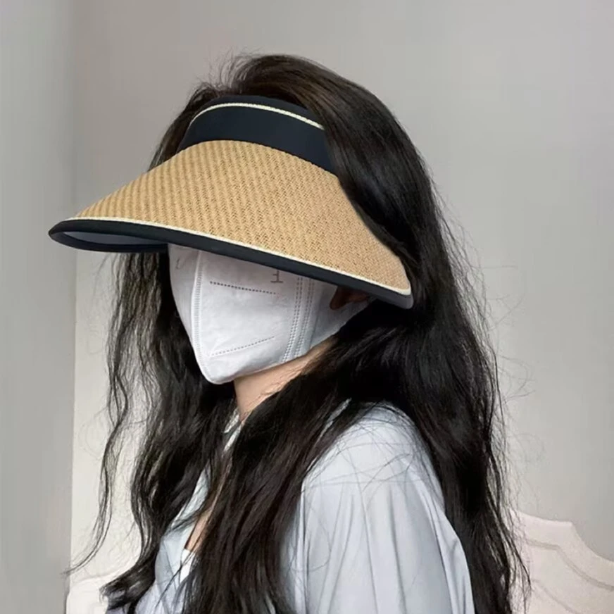 黑胶草编字母空顶帽大檐遮阳防晒可折叠