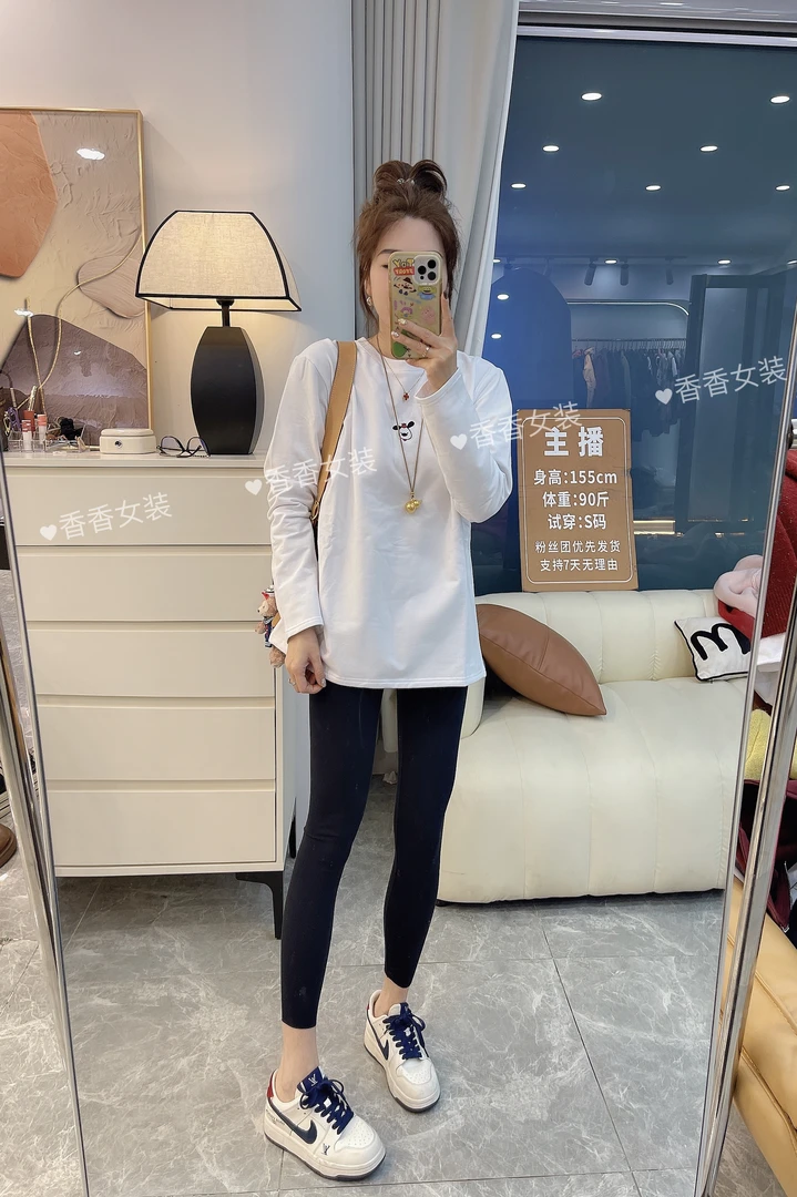 晨小胖     刺绣卡通咩羊加绒T恤2024新款小个子中长款上衣