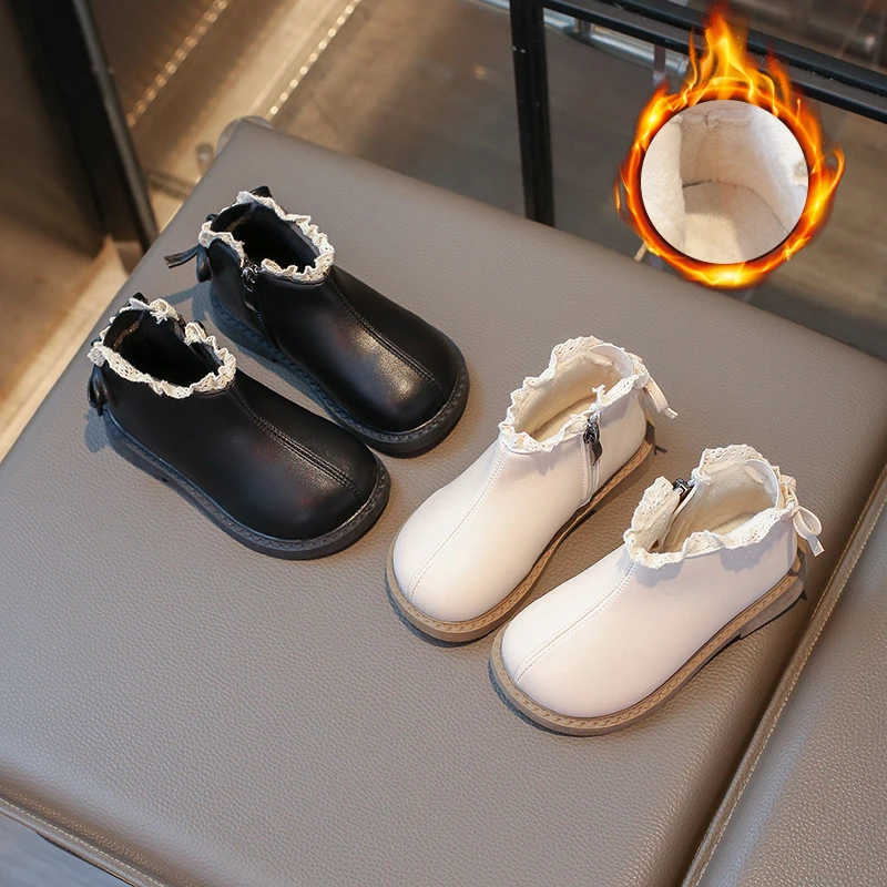 女童靴子秋冬季新款加绒马丁靴洋气花边小女孩短靴公主风儿童皮鞋