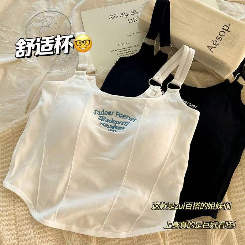 固定杯薄款透气背心夏季外穿带胸垫美背内搭免穿文胸显瘦短款吊带