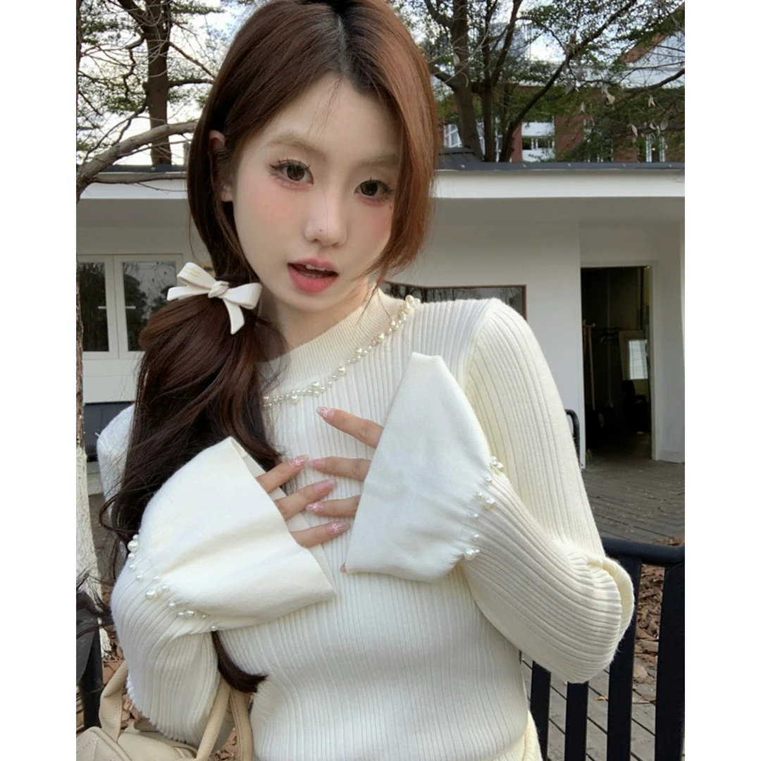现货暮年~#1272新款气质钉珠长袖针织衫上衣设计感打底衫毛衣女