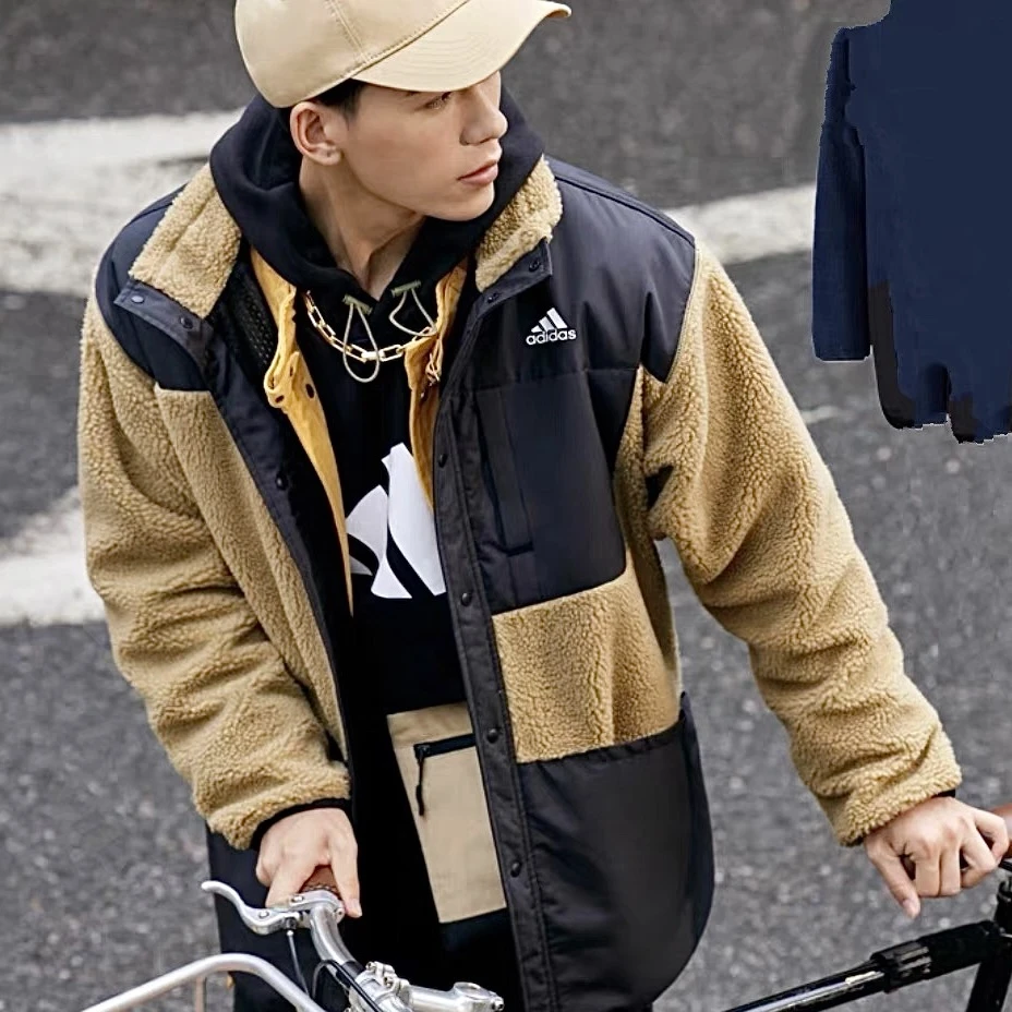Adidas/阿迪达斯正品男女同款保暖羊羔绒拼接运动夹克外套 H40910