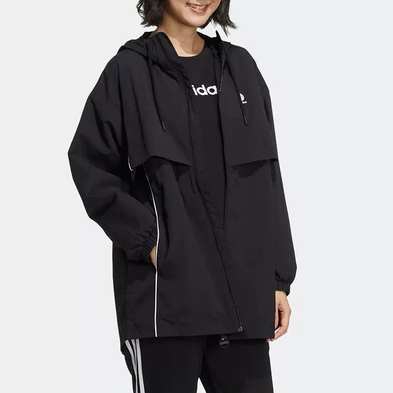 阿迪达斯外套女装2024春季新款运动服休闲黑色梭织连帽夹克HM7418