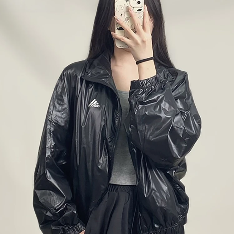 adidas/阿迪达斯女子款黑色拉链翻领时尚训练跑步运动外套 HI1197