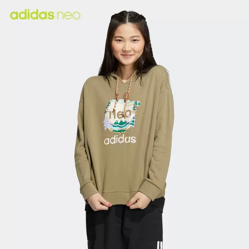 Adidas阿迪达斯连帽卫衣女正品运动服时尚印花长袖套头上衣HN2349
