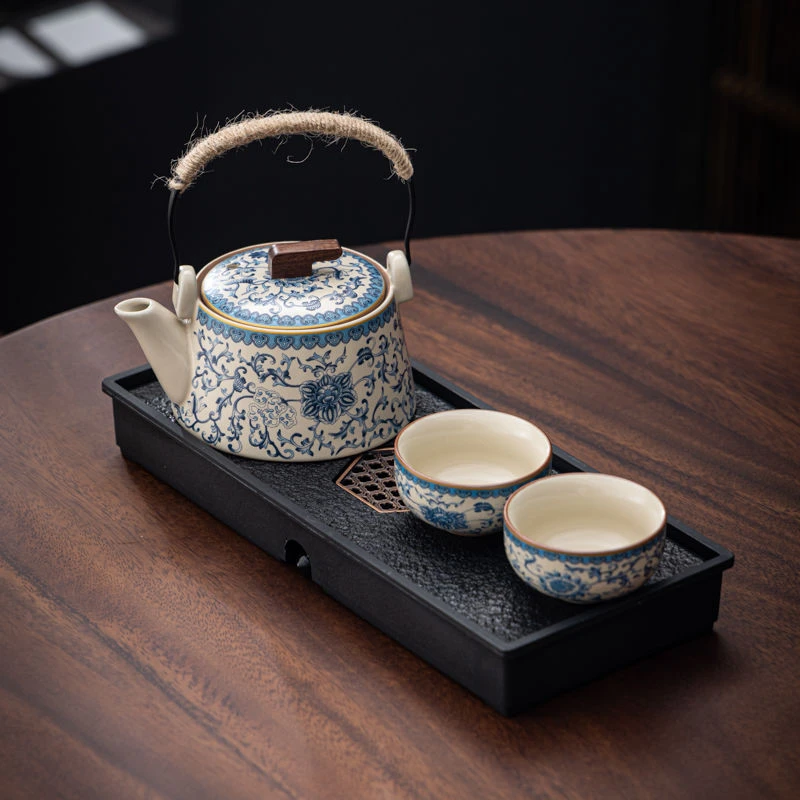中式功夫茶具小套装家用青花2024新款宿舍提梁壶轻奢