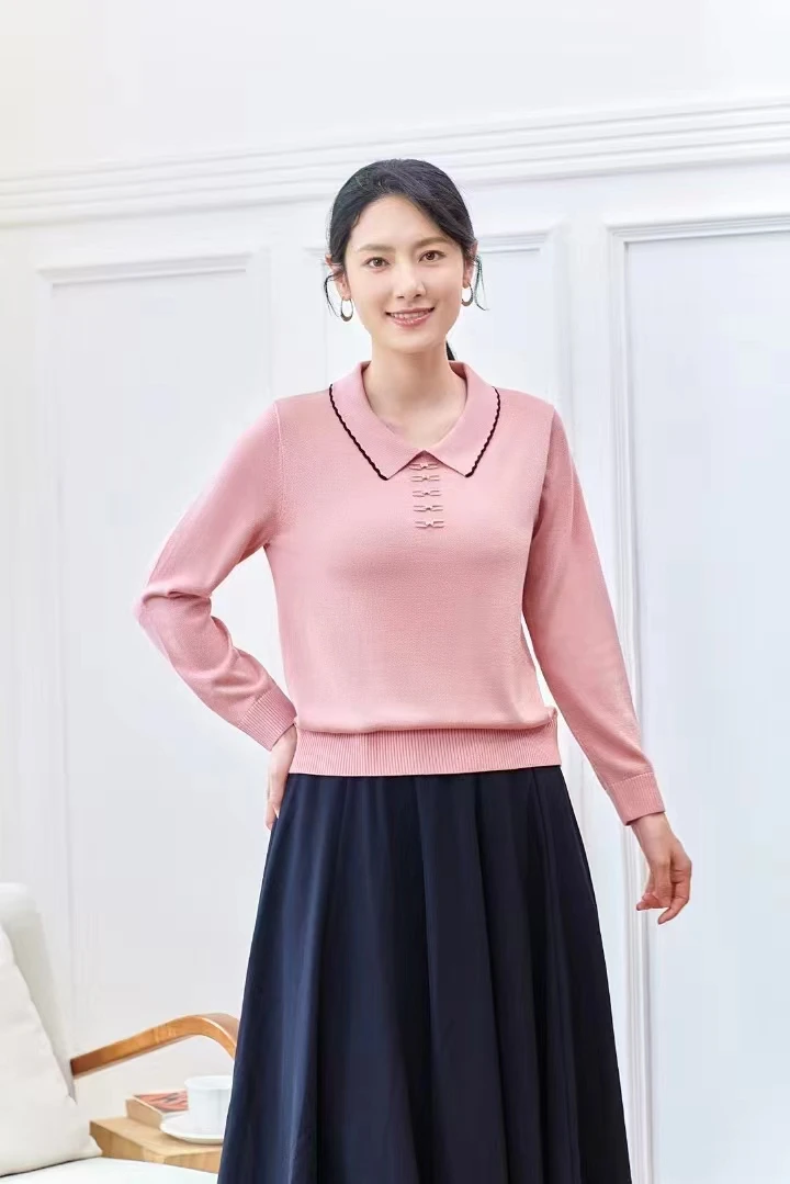 2024秋新款百搭显瘦时尚翻领长袖显瘦莱赛尔天丝针织衫98809