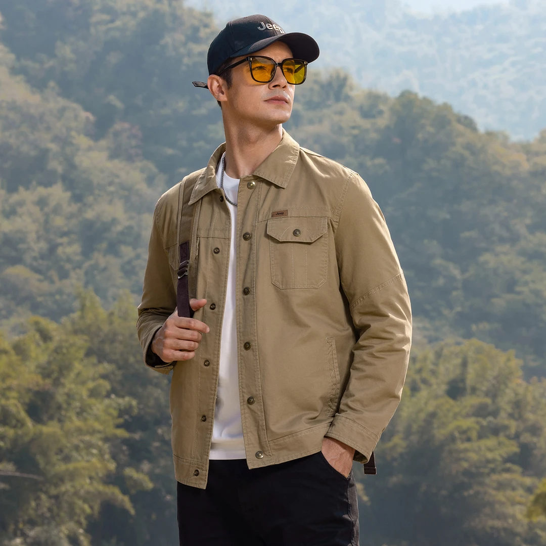 JEEP/吉普正品2024年春秋季夹克外套男纯棉休闲翻领工装帆布上衣